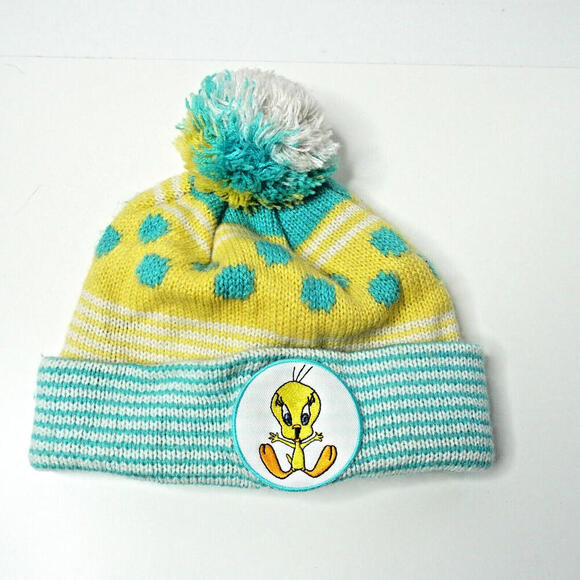 Vintage Tweety‎ Bird Looney Tunes Kids Knit Hat Beanie Warner Bros Pom Dots VTG - Picture 1 of 5